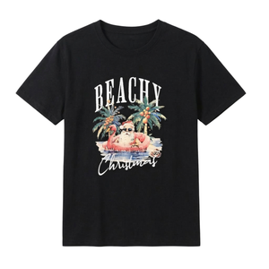 NWOT | "Beachy Christmas" Tropical Santa Graphic T-Shirt | Artistic Flamingo Float Silhouette | Onyx Black | Size XL