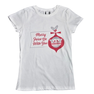 NWOT | Star Wars "Merry Force Be With You" Holiday Graphic T-Shirt | Artistic Grogu Ornament Motif | White | Size 10/12