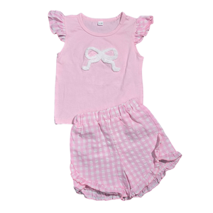 NWOT | Girls' Pink Bow & Gingham Two-Piece Set | Artistic Chenille Bow Top | Ruffle Shorts | Size 12-18M