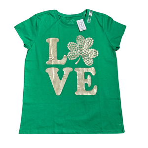 NWT | The Children's Place St. Patrick’s Day "LOVE" Graphic Tee | Artistic Metallic Shamrock Motif | Kelly Green | Size 12/14
