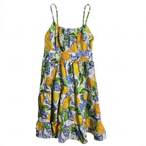 NWT | COZYEASE Girls' Mediterranean Lemon Print Sun Dress | Artistic Tiered Ruffle Silhouette | Amalfi Tile | Size 14Y