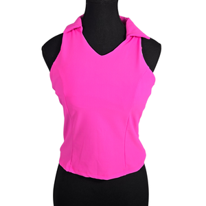 NWOT | Women's Ribbed V-Neck Polo Activewear Tank | Artistic Racerback Silhouette with Built-In Bra | Neon Pink | Size Large
