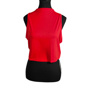 NWT | LovelyWholesale Women's High-Neck Sleeveless Crop Top | Artistic Mock Neck Silhouette | Crimson Red | Size Large