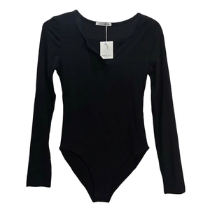 NWT | MANGOPOP Women's Long Sleeve Notched Bodysuit | Artistic Henley V-Neck Silhouette | Onyx Black | Size XS