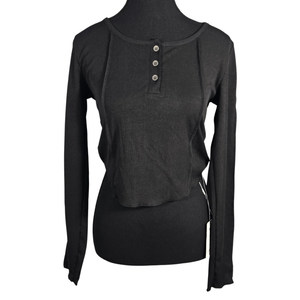 NWT | EGOCKAL Women's Ribbed Long Sleeve Henley Top | Artistic Contoured Seam Silhouette | Onyx Black | Size Large