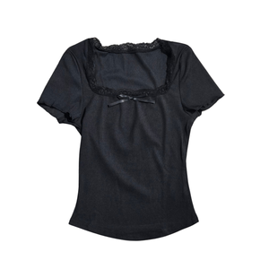 NWOT | Women's Ribbed Square Neck Tee | Artistic Lace Trim & Coquette Bow Detail | Onyx Black | Size XS
