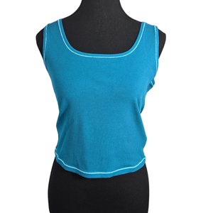NWT | Caracilia Women's Ribbed Scoop Neck Tank | Artistic Contrast Stitch Silhouette | Teal Blue | Size Large