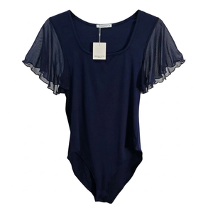 NWT | MANGOPOP Women's Sheer Flutter Sleeve Bodysuit | Artistic Mesh Detail Silhouette | Deep Navy Blue | Size Medium