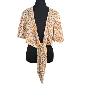 NWOT | Women's Floral Tie-Front Kimono Cardigan | Artistic Open Front Flutter Sleeve Silhouette | Harvest Gold & Blue | Size Large