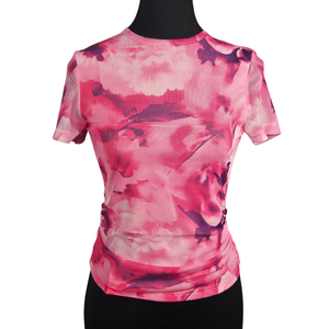 NWT | BTFBM Women's Sheer Floral Mesh Top | Artistic Ruched Short Sleeve Silhouette | Orchid Magenta & Blush | Size Small