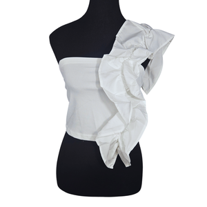 NWT | Women's One-Shoulder Ruffle Trim Top | Artistic Asymmetric Ribbed Sculpting Silhouette | Optic White | Size Large