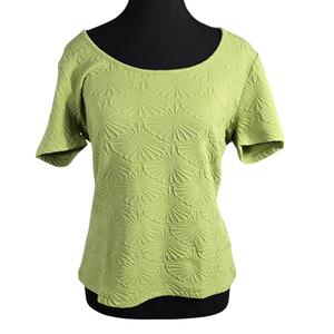NWT | MIHOLL Women's Textured Floral Short Sleeve Top | Artistic Raised Petal Silhouette | Chartreuse Green | Size XL