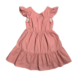 NWOT | Girls' Tiered Ruffle Cotton Dress | Artistic Flutter Sleeve & Back Bow Silhouette | Dusty Rose Pink | Size 3-4Y