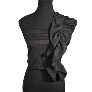 NWOT | Women's One-Shoulder Ruffle Trim Crop Top | Artistic Asymmetrical Architectural Detail | Onyx Black | Size Large