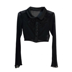 NWT | Avanova Sheer Mesh Button-Up Crop Top | Artistic Long Sleeve Silhouette | Onyx Black | X-Small