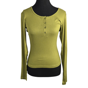 NWT | ZESICA Women's Ribbed Henley Long Sleeve Top | Artistic Button Silhouette | Olive Green | Size Small