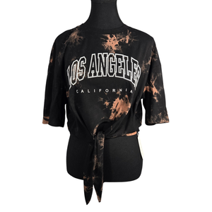NWT | Avanova Women's Los Angeles California Tie-Front Top | Artistic Acid Wash Graphic Silhouette | Black | Large