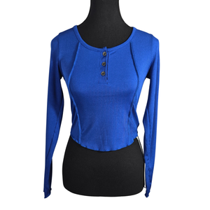 NWT | Egockal Women's Ribbed Long Sleeve Henley Top | Architectural Vertical Seaming | Royal Blue | Size Small