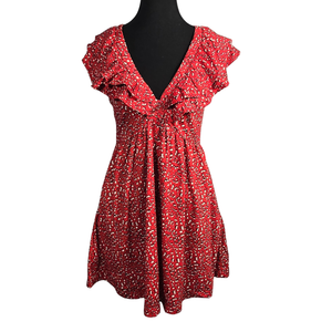 NWT | LOEMES Women's Animal Print Flutter Sleeve Dress | Artistic Ruffle V-Neck Silhouette | Cherry Red | Size Small