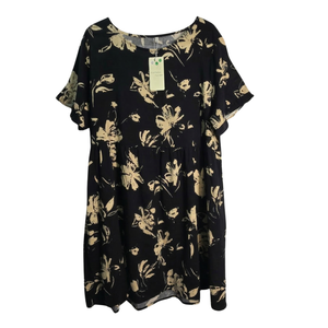 NWT | YESNO Women's Floral Babydoll Short Sleeve Dress | Artistic Relaxed Silhouette | Onyx Black & Cream | Size 2XL