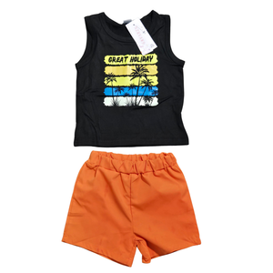 NWT | Toddler 2pc "Great Holiday" Tank & Shorts Set | Tropical Palm Tree Graphic | Black & Orange | Size 12-18M