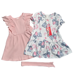 NWT | PatPat Baby Girl 2-Dress & Headband Set | Artistic Elephant Print & Ribbed Ruffle Silhouettes | Blush Pink | 6-9M
