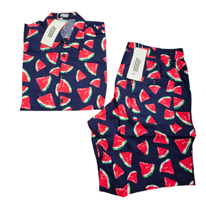 NWT | JOGAL Men's 2pc Watermelon Print Button Up & Shorts Set | Artistic Tropical Silhouette | Navy Blue | Small