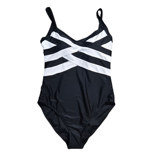 NWT | Aidonger Women's Black & White Striped Cross-Over One-Piece Swimsuit | Artistic Monochromatic Silhouette | Large