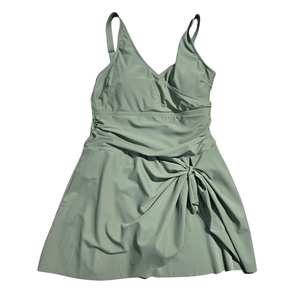 NWOT | Women's Ruched Wrap Front Swim Dress with Side Tie | Artistic Sage Green Silhouette | XL
