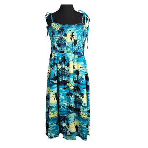 NWT | Sangtree Women's Smocked Tie-Shoulder Maxi Dress | Artistic Island Sunset Silhouette | Tropical Blue | XL