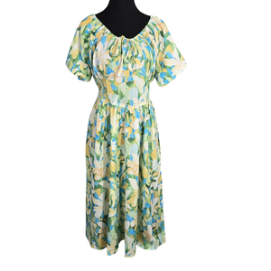 NWT | Fensace Women's Floral Puff Sleeve Maxi Dress | Artistic Botanical Garden Silhouette | Blue & Yellow | Medium