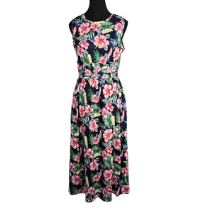 NWT | Prinbara Women's Navy Tropical Hibiscus Floral Maxi Dress with Pockets | Artistic Island Silhouette | Small