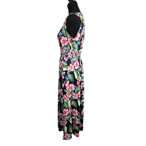 NWT | Prinbara Women's Navy Tropical Hibiscus Floral Maxi Dress with Pockets | Artistic Island Silhouette | Small