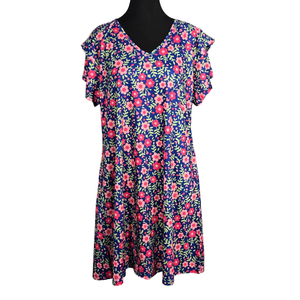 NWOT | Women's Navy & Pink Floral V-Neck Flutter Sleeve Dress | Artistic Garden Silhouette | Size Large