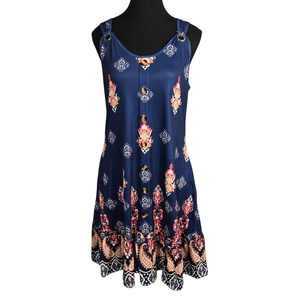 NWT | ETCYYNEW Women's Bohemian Keyhole Accent Button Dress | Navy Blue Paisley Silhouette | Medium