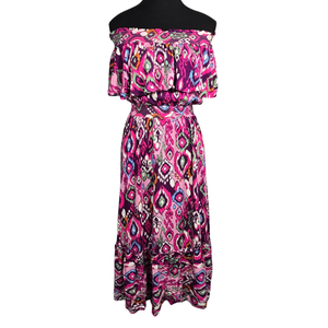 NWT | Prettywear Women's Off-Shoulder Ikat Print Maxi Dress | Artistic Tiered Ruffle Silhouette | Magenta & Purple | XS