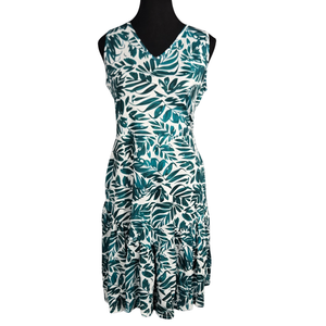 NWOT | Ovokina Women's Tropical Leaf Print V-Neck Dress | Artistic Dropped Waist Silhouette | Teal & White | Medium