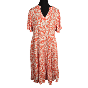 NWT | Hejoy Women's Floral V-Neck Tiered Midi Dress with Pockets | Artistic Orange & Cream Silhouette | Medium