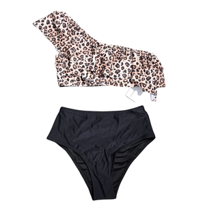NWT | Vimpunec Women's Ruffle One-Shoulder Bikini Set | Artistic Leopard Print Silhouette | Onyx Black | Medium