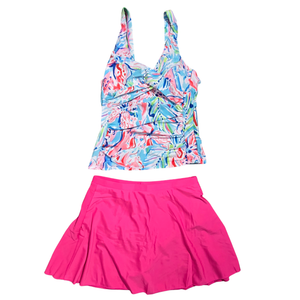 NWOT | Women's Skirted Two-Piece Tankini Swimsuit Set | Artistic Tropical Floral Silhouette | Pink & Multi | Medium