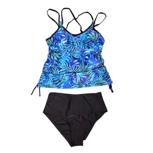 NWOT | Women's Ruched Two-Piece Tankini Swimsuit Set | Artistic Tropical Palm Leaf Silhouette | Blue & Black | Small