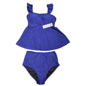 NWT | Kate Kasin Women's Ruffle Shoulder Peplum Tankini Set | Artistic High-Waisted Silhouette | Royal Blue | Small