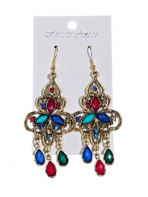 Multi Color Jewel Antique Gold Chandelier Drop Earrings Boho