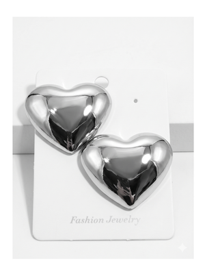 Oversized Silver Puffy Heart Statement Stud Earrings High Polish Bold