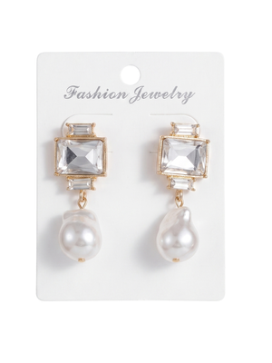 Gold Crystal Geometric Emerald Cut Baroque Pearl Drop Earrings