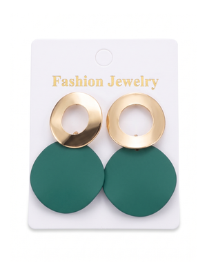 Green Gold Geometric Circle Disc Statement Drop Earrings Matte Bold