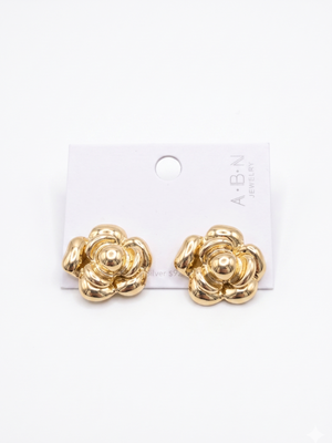 Jewelry Gold Puffy Rose Flower Statement Stud Earrings High Polish