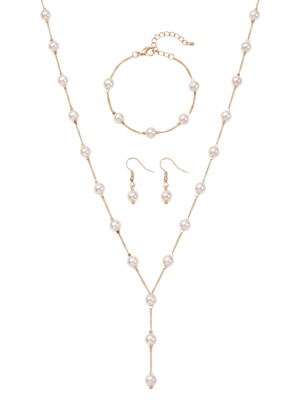 3 Piece Gold Faux Pearl Necklace Bracelet Earrings Set Elegant