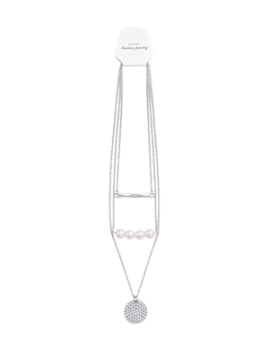 Multi-Layer Silver Necklace Pearl & Crystal Disc Accents Modern