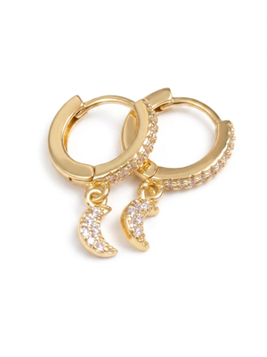 Gold Crystal Crescent Moon Huggie Hoop Earrings Celestial Modern